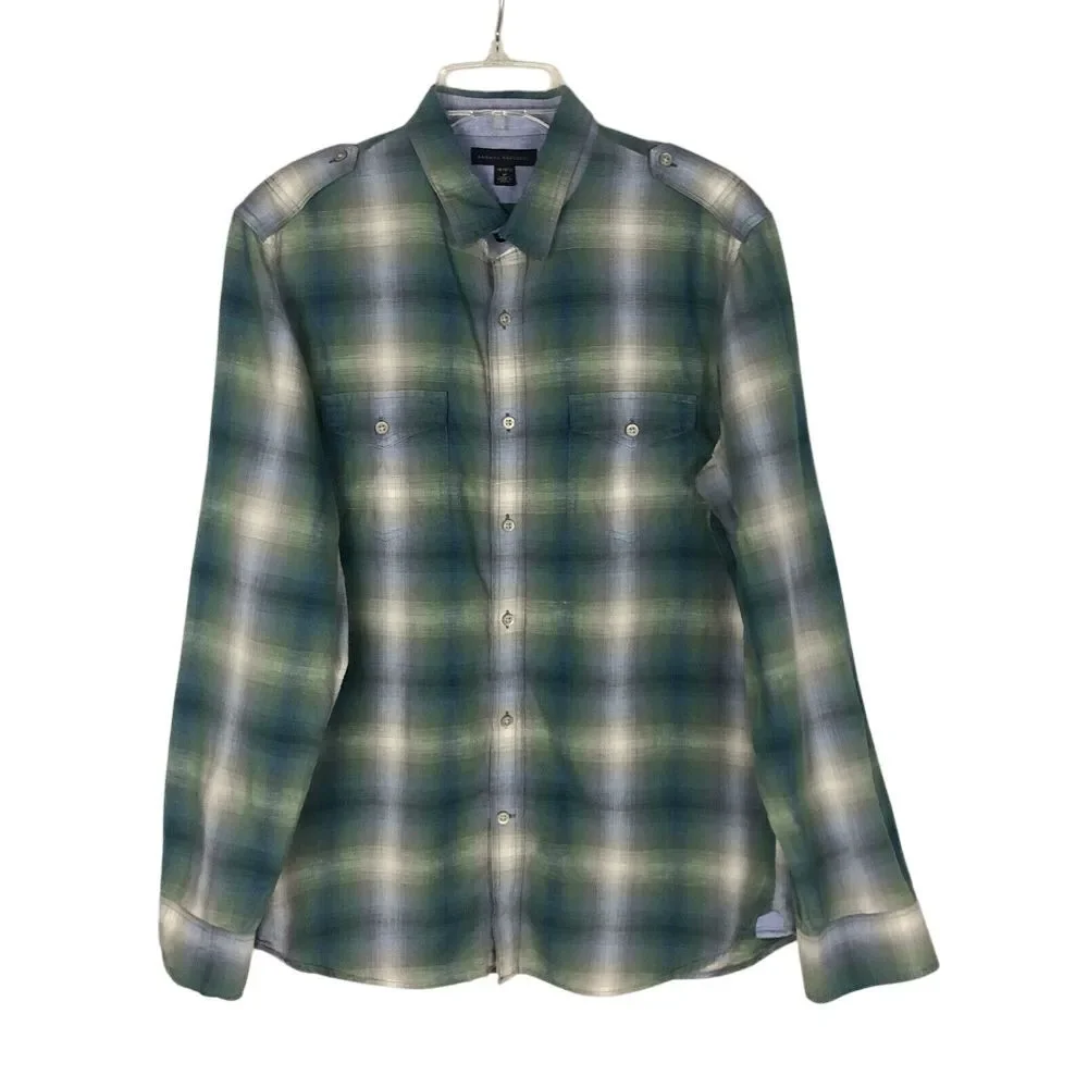 Banana Republic Shirt‎ Mens M (15-15 1/2) Button Front Green Plaid Long Sleeve
